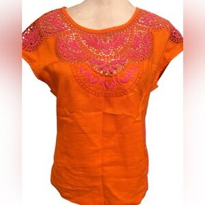 Boden Anthropologie Orange crochet Detail Women's linen top